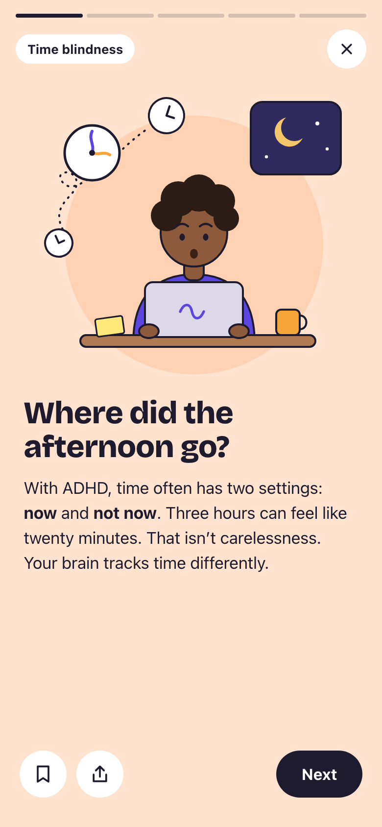 A Trace story called “Where did the afternoon go?”, about time blindness, with a drawing of someone at a laptop surrounded by clocks